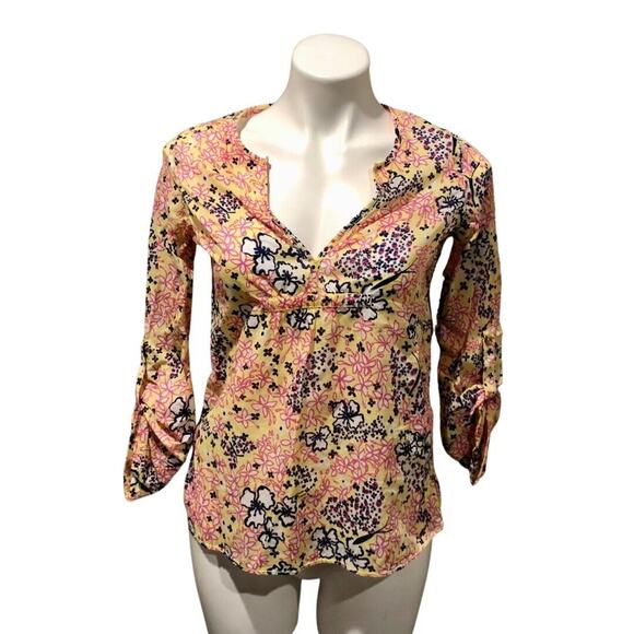 Lilly Pulitzer Blouse Tunic XS Multicolor Floral V Neck Empire Waist Roll Tab - Picture 1 of 10